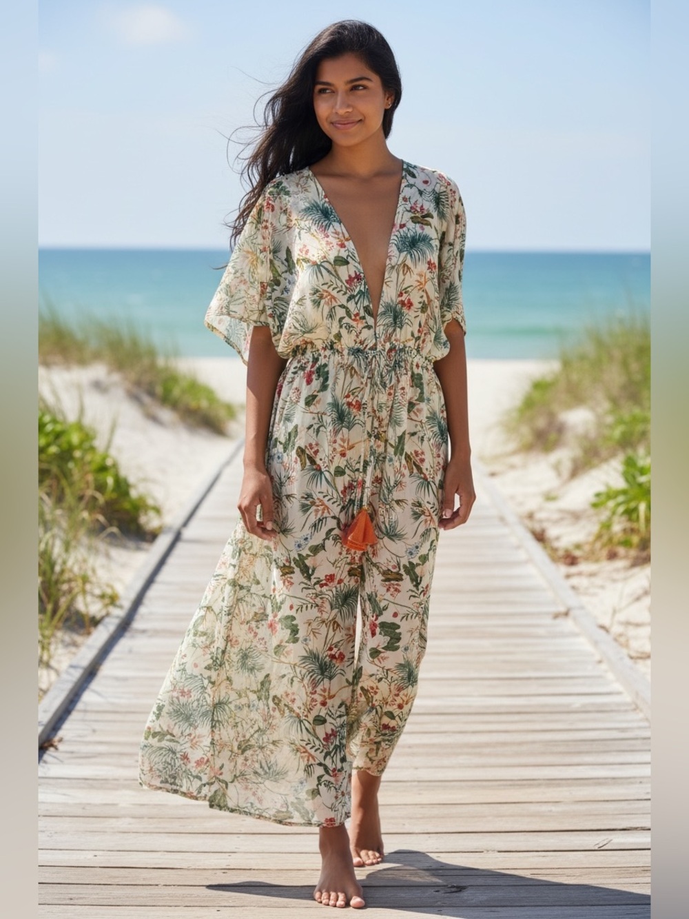 Banana Moon Tropical Floral Maxi Cover Up Kaftan Dress OS